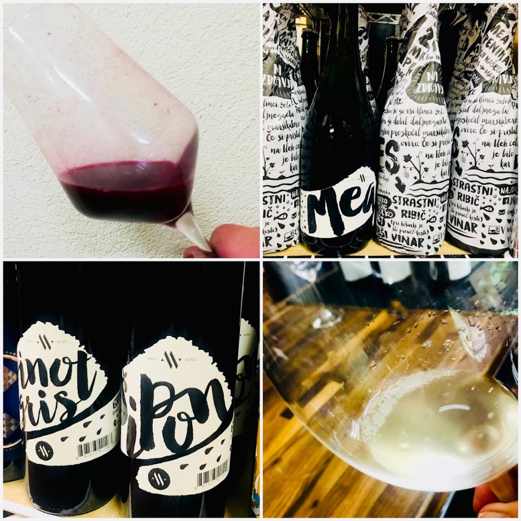 Collage of four photos, one red wine in a glass, black and white labels of wine on a shelf, the Pinot Gris and Sipon wines, and Pet Nat bubbly in the glass